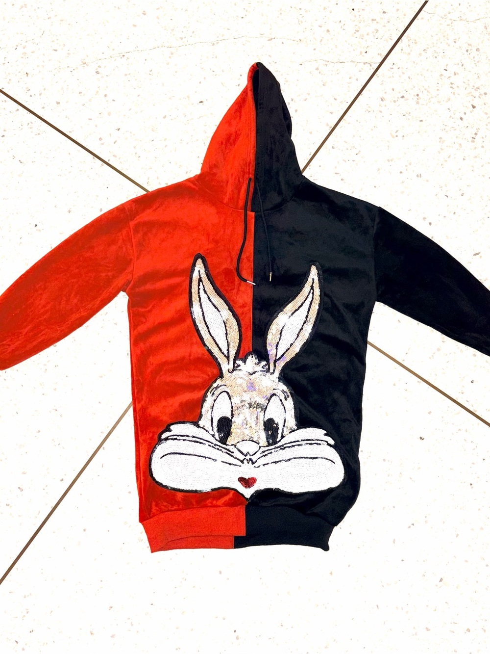 Red and Black Long Sleeve Hoodie Dress with Bunny Graphic